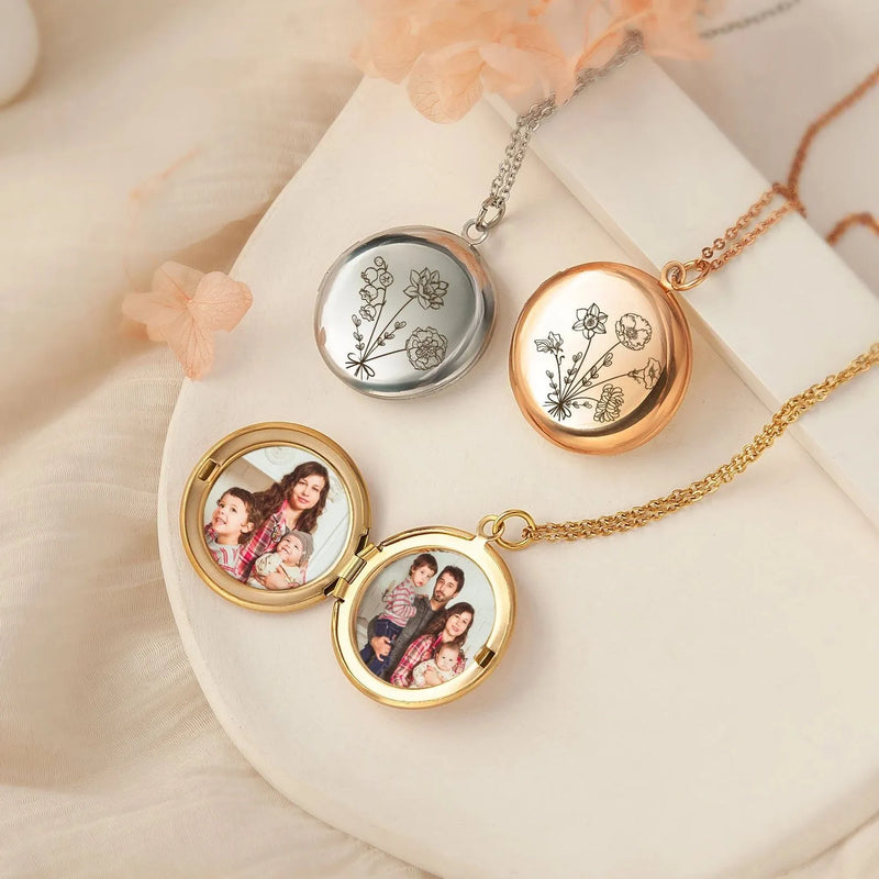 Unique Hnadmade Jewelry - Locket Necklace Personalized - Combined Birth Flower Locket - Photo Jewelry with Engraving - Photo Locket Necklace