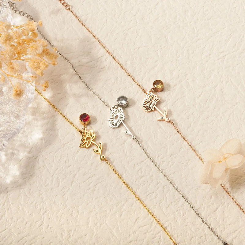 Custom Birth Flower Bracelet • Birthstone Bracelet • Carnation Flower Bracelet • Mothers Day Gifts • Birth Flower Gift for Mom