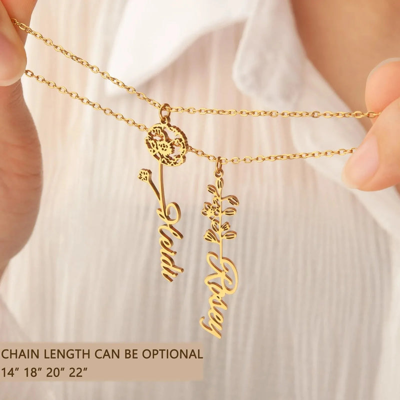 Gift for Mom - Custom Name Necklace with Birth Flower - Dainty Birth Flower Jewelry - Personalized Flower Necklace with Name