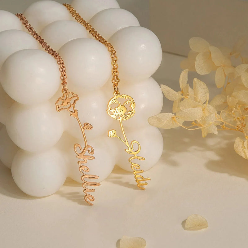Gift for Mom - Custom Name Necklace with Birth Flower - Dainty Birth Flower Jewelry - Personalized Flower Necklace with Name