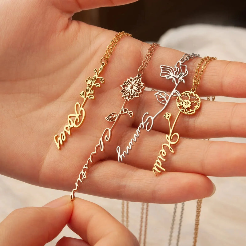 Gift for Mom - Custom Name Necklace with Birth Flower - Dainty Birth Flower Jewelry - Personalized Flower Necklace with Name