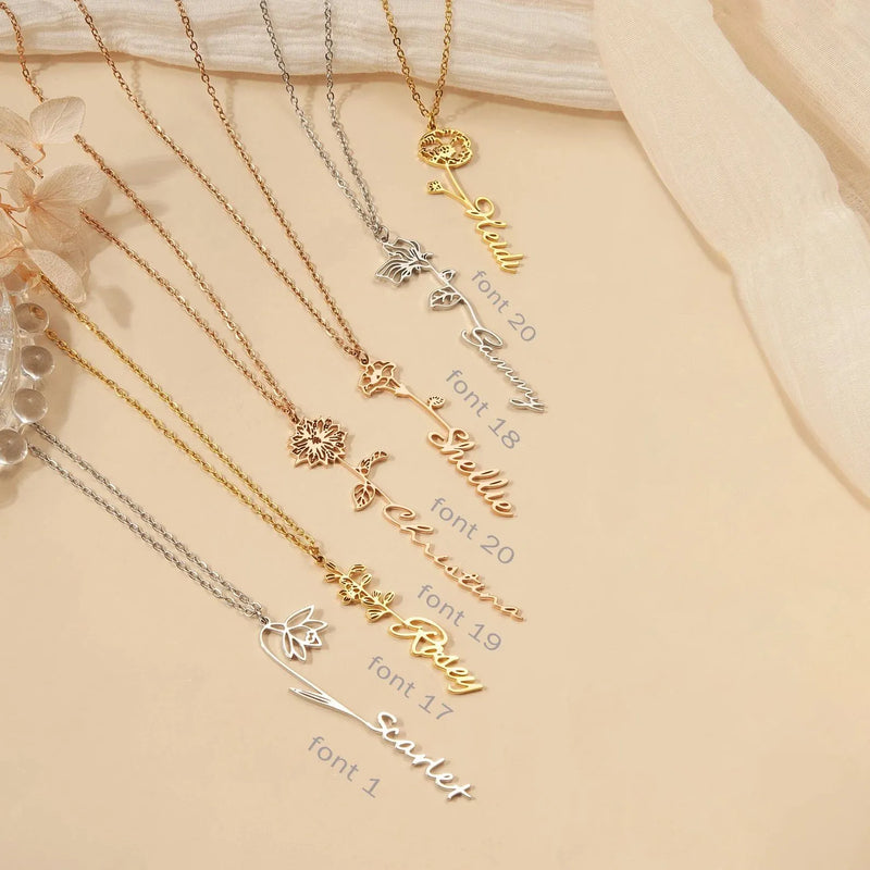 Gift for Mom - Custom Name Necklace with Birth Flower - Dainty Birth Flower Jewelry - Personalized Flower Necklace with Name