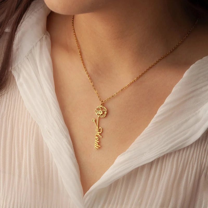 Gift for Mom - Custom Name Necklace with Birth Flower - Dainty Birth Flower Jewelry - Personalized Flower Necklace with Name