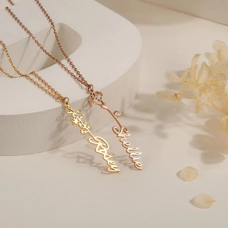 Gift for Mom - Custom Name Necklace with Birth Flower - Dainty Birth Flower Jewelry - Personalized Flower Necklace with Name