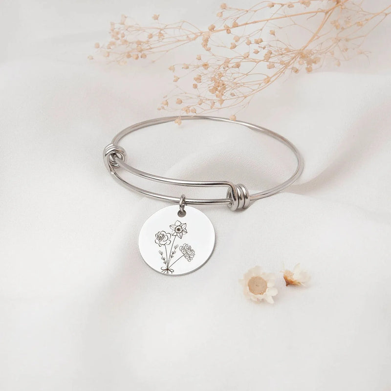 Family Jewelry Gift - Birth Flower Bracelet - Combined Bouquet Flower Bracelet - Engraved Bracelet Handmade Gifts for Mom, Grandma