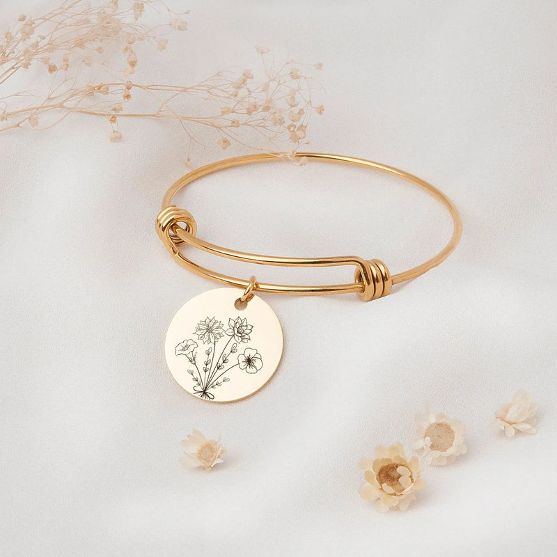 Family Jewelry Gift - Birth Flower Bracelet - Combined Bouquet Flower Bracelet - Engraved Bracelet Handmade Gifts for Mom, Grandma