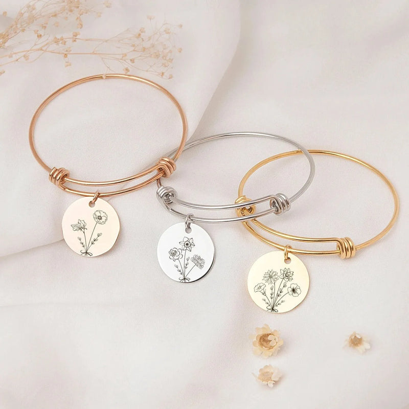 Family Jewelry Gift - Birth Flower Bracelet - Combined Bouquet Flower Bracelet - Engraved Bracelet Handmade Gifts for Mom, Grandma