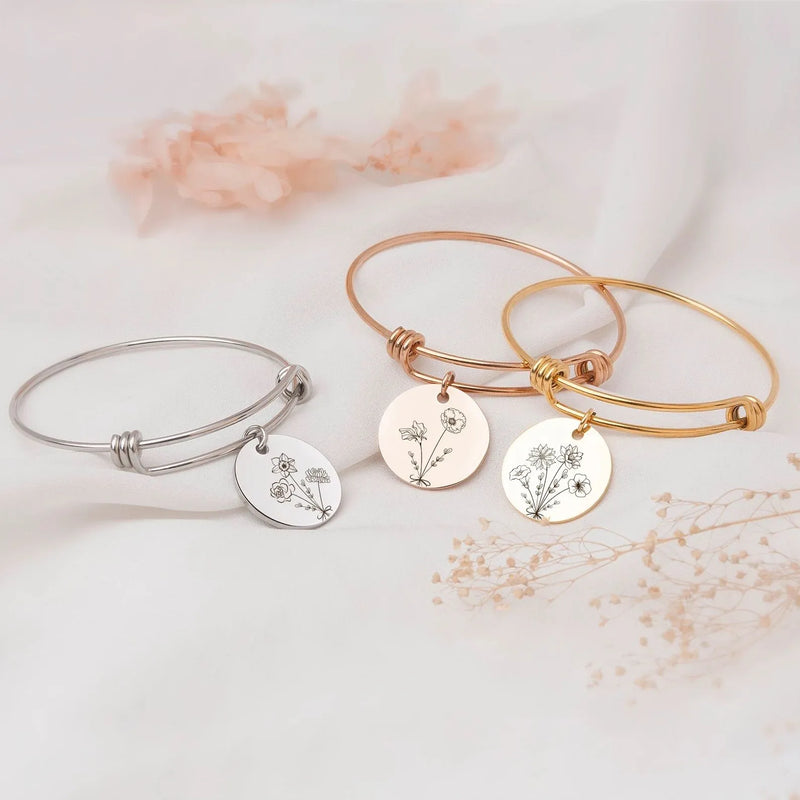 Family Jewelry Gift - Birth Flower Bracelet - Combined Bouquet Flower Bracelet - Engraved Bracelet Handmade Gifts for Mom, Grandma
