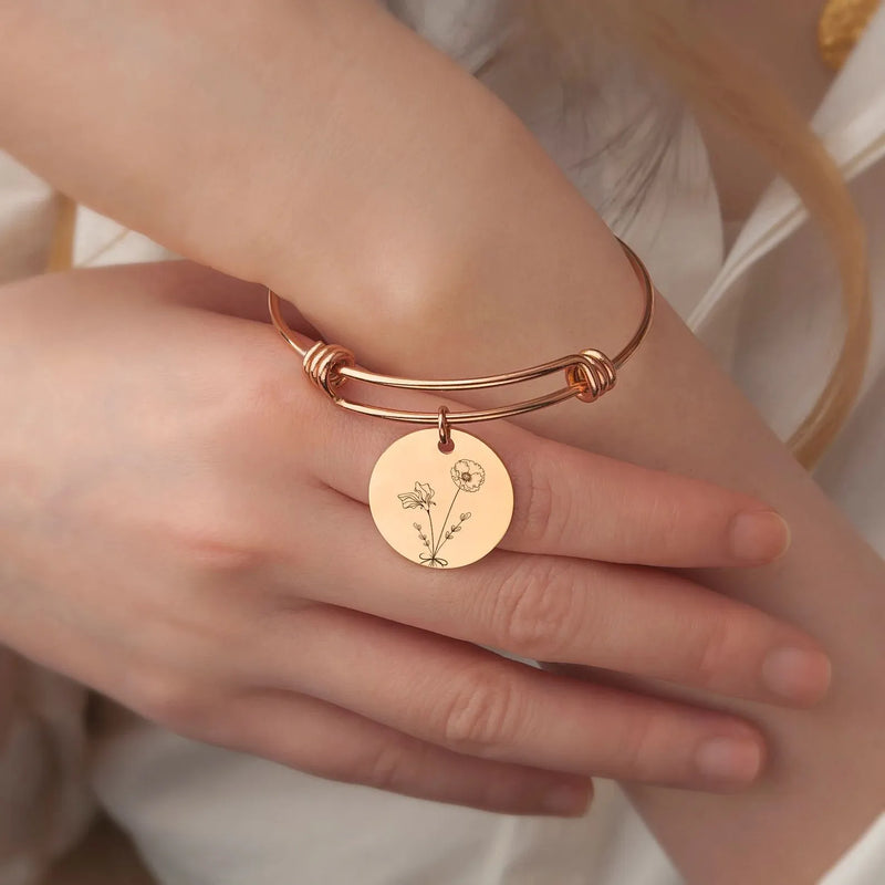 Family Jewelry Gift - Birth Flower Bracelet - Combined Bouquet Flower Bracelet - Engraved Bracelet Handmade Gifts for Mom, Grandma
