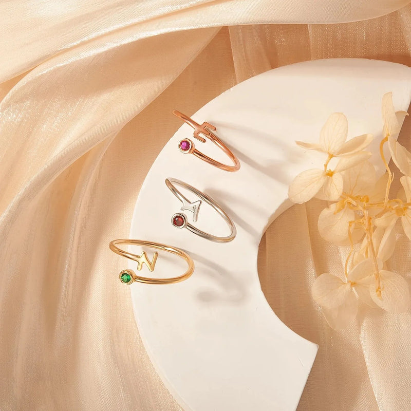 Ring for Women - Personalized Initial Birthstone Ring - Tiny Letter Ring - Dainty Initial Ring in Rose Gold, Gold, Sterling Silver