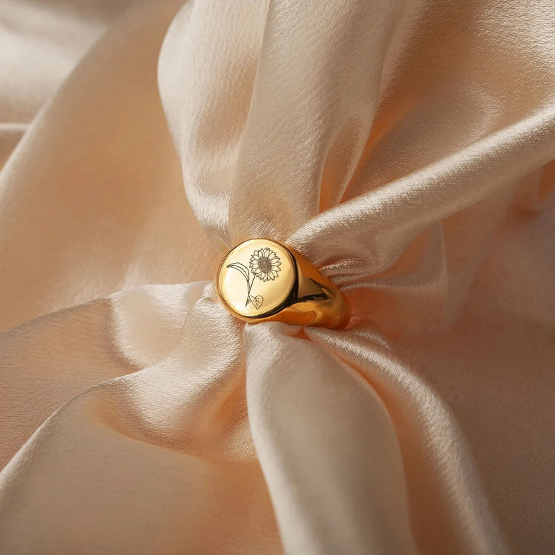 Mothers Day Gift for Wife - Birth Flower Ring - Signet Ring - Gold Signet Ring - Floral Ring Personalized Ring - Mom Ring Handmade Gift