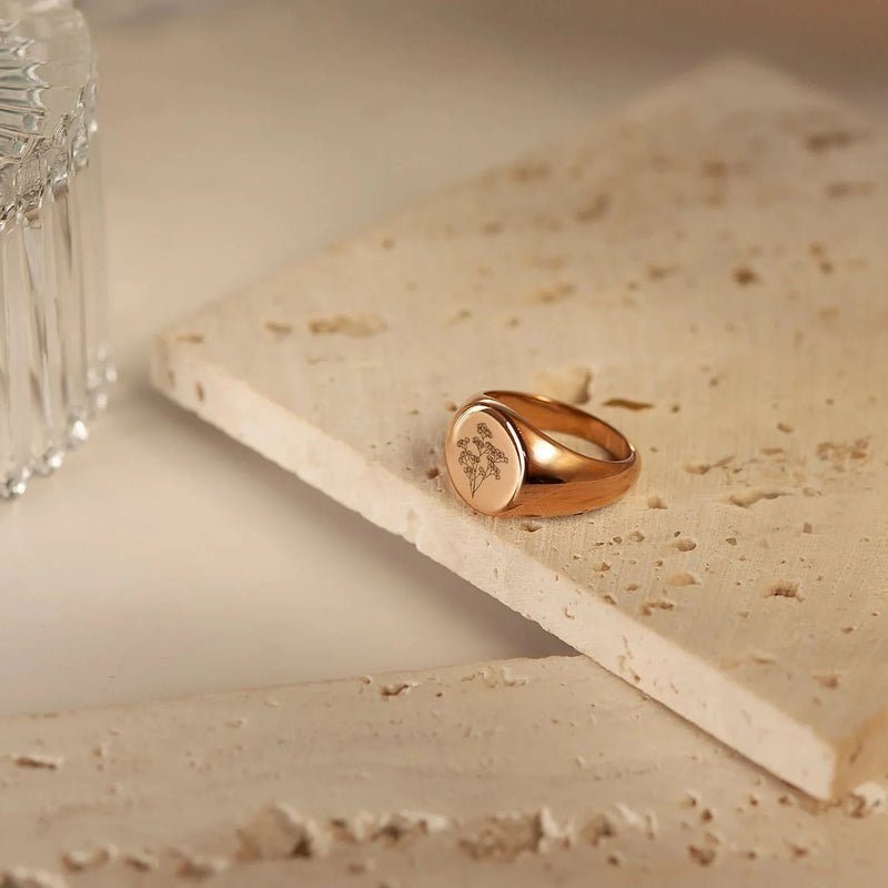 Mothers Day Gift for Wife - Birth Flower Ring - Signet Ring - Gold Signet Ring - Floral Ring Personalized Ring - Mom Ring Handmade Gift