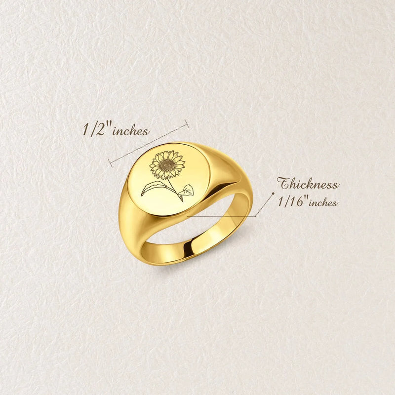 Mothers Day Gift for Wife - Birth Flower Ring - Signet Ring - Gold Signet Ring - Floral Ring Personalized Ring - Mom Ring Handmade Gift