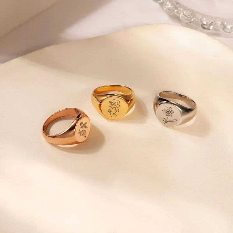 Mothers Day Gift for Wife - Birth Flower Ring - Signet Ring - Gold Signet Ring - Floral Ring Personalized Ring - Mom Ring Handmade Gift