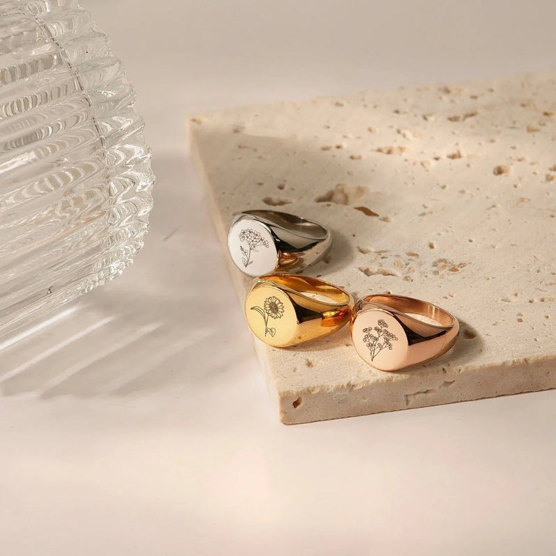 Mothers Day Gift for Wife - Birth Flower Ring - Signet Ring - Gold Signet Ring - Floral Ring Personalized Ring - Mom Ring Handmade Gift