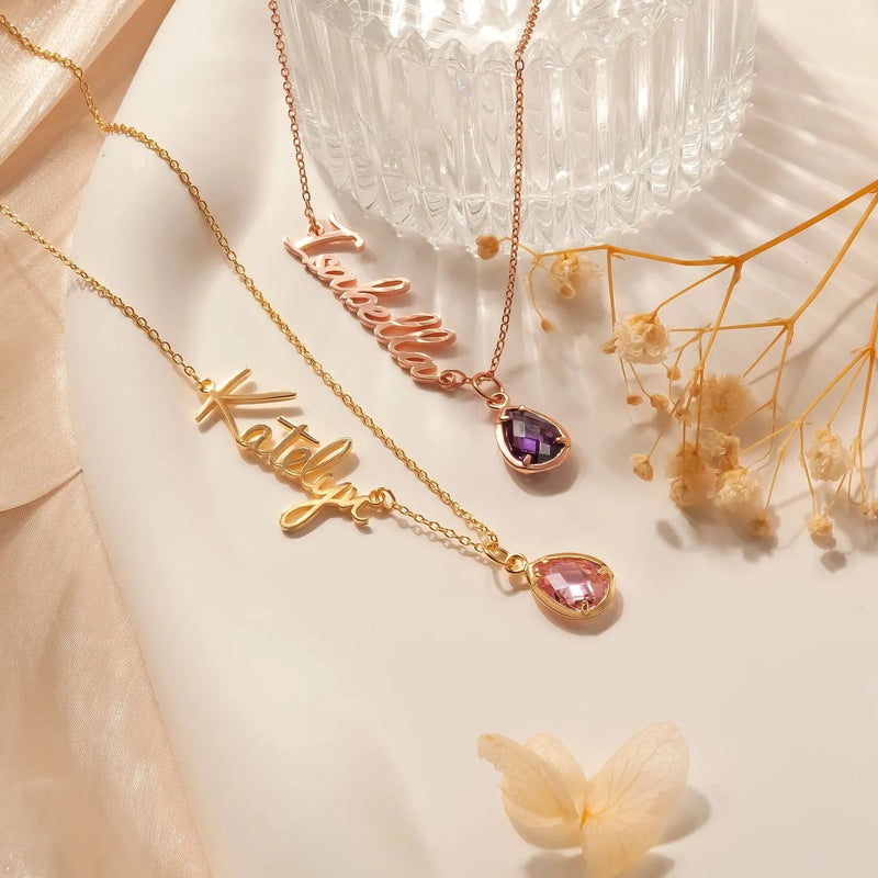 Necklace with Name and Birthstone - Personalized Drop Birthstone Name Necklace - Custom Name Necklace Birthstone - Mothers Day Gift for Wife