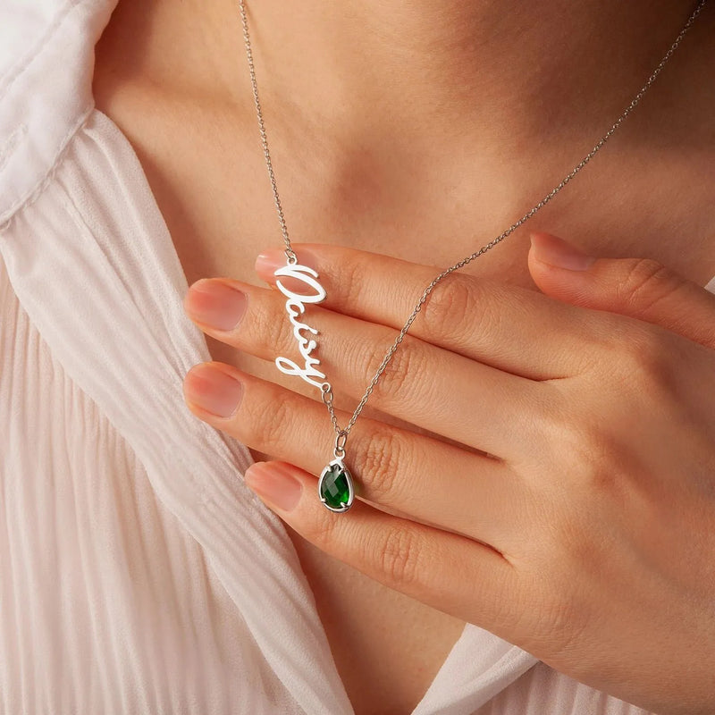 Necklace with Name and Birthstone - Personalized Drop Birthstone Name Necklace - Custom Name Necklace Birthstone - Mothers Day Gift for Wife