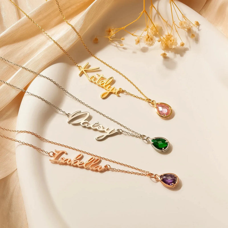 Necklace with Name and Birthstone - Personalized Drop Birthstone Name Necklace - Custom Name Necklace Birthstone - Mothers Day Gift for Wife