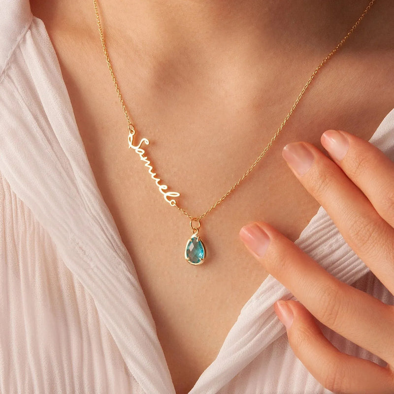 Necklace with Name and Birthstone - Personalized Drop Birthstone Name Necklace - Custom Name Necklace Birthstone - Mothers Day Gift for Wife