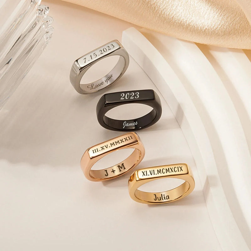 Boyfriend Gift - Horizontal Bar Ring - Custom Ring - Roman Numeral Ring - Date Ring Custom Word Ring - Anniversary Gift for Her, Him
