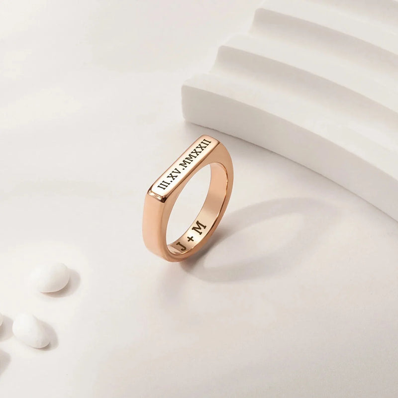 Boyfriend Gift - Horizontal Bar Ring - Custom Ring - Roman Numeral Ring - Date Ring Custom Word Ring - Anniversary Gift for Her, Him