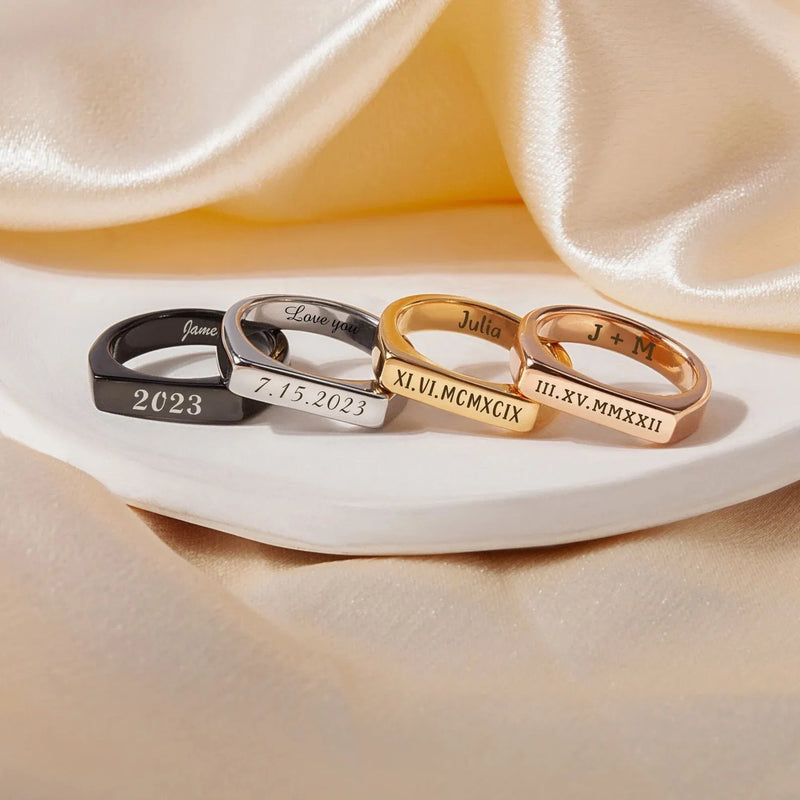 Boyfriend Gift - Horizontal Bar Ring - Custom Ring - Roman Numeral Ring - Date Ring Custom Word Ring - Anniversary Gift for Her, Him