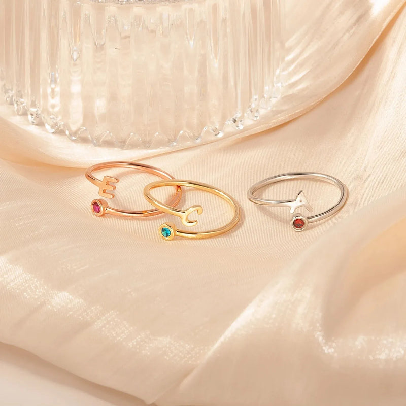Ring for Women - Personalized Initial Birthstone Ring - Tiny Letter Ring - Dainty Initial Ring in Rose Gold, Gold, Sterling Silver