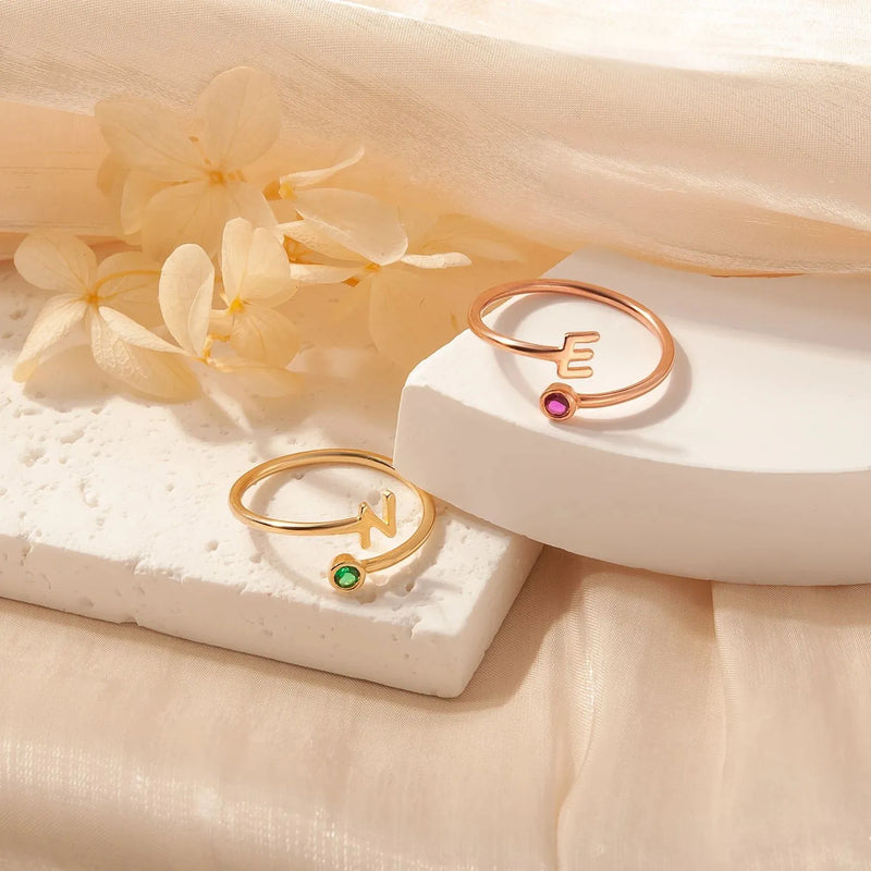 Ring for Women - Personalized Initial Birthstone Ring - Tiny Letter Ring - Dainty Initial Ring in Rose Gold, Gold, Sterling Silver