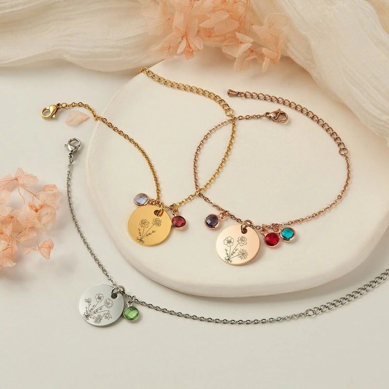 Mothers Day Gifts for Mom - Combined Birth Flower Bracelet - Personalized Bracelet 5 Birth Flowers - Mom Bracelet - Bouquet Flower Bracelet