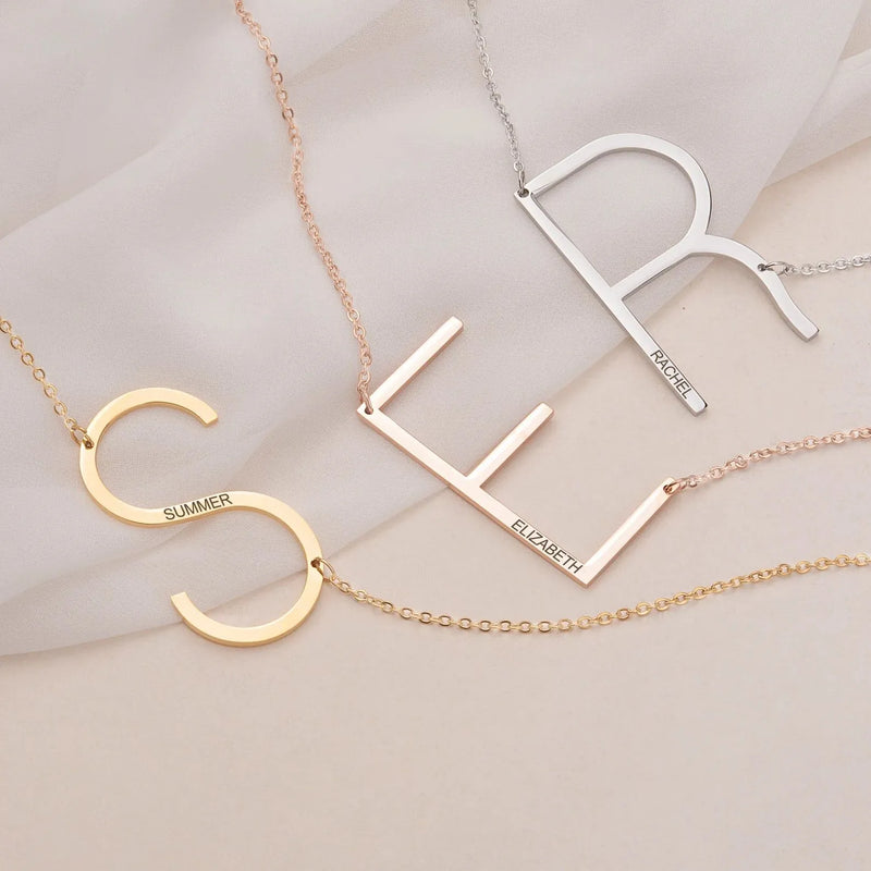 Sideways Initial Necklace Gold - Oversized Letter Sideways Necklace Engraved Name - Big Letter Necklace Engraved New Mom Gifts