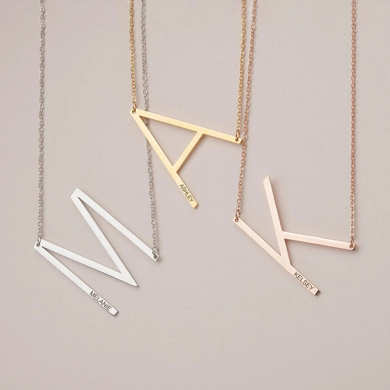 Sideways Initial Necklace Gold - Oversized Letter Sideways Necklace Engraved Name - Big Letter Necklace Engraved New Mom Gifts