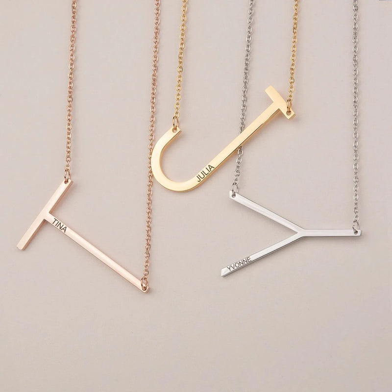 Sideways Initial Necklace Gold - Oversized Letter Sideways Necklace Engraved Name - Big Letter Necklace Engraved New Mom Gifts