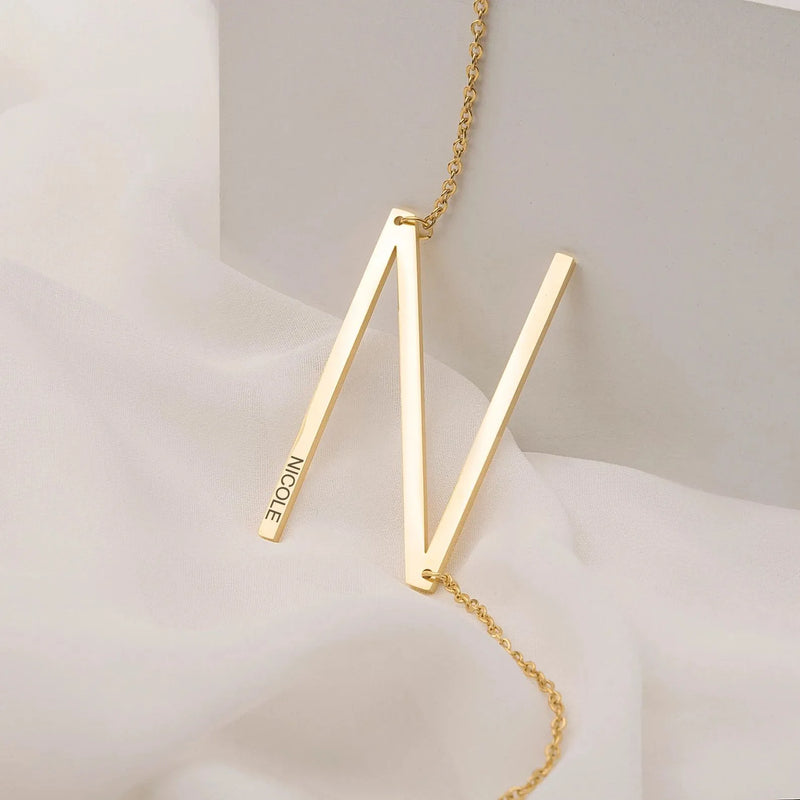 Sideways Initial Necklace Gold - Oversized Letter Sideways Necklace Engraved Name - Big Letter Necklace Engraved New Mom Gifts