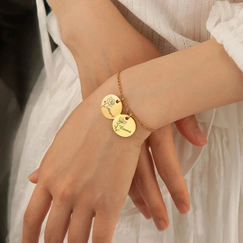 Mom Gift - Custom Flower and Name Bracelet - Personalized Charm Bracelet Chain - Family Bracelet Mom Gift Personalized Mothers Day Jewelry