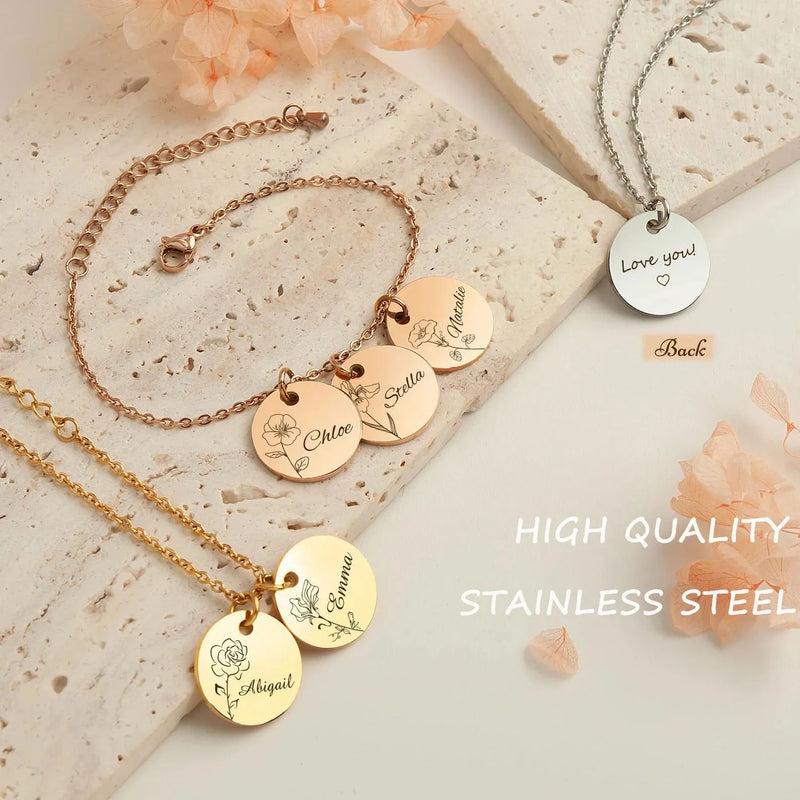 Mom Gift - Custom Flower and Name Bracelet - Personalized Charm Bracelet Chain - Family Bracelet Mom Gift Personalized Mothers Day Jewelry