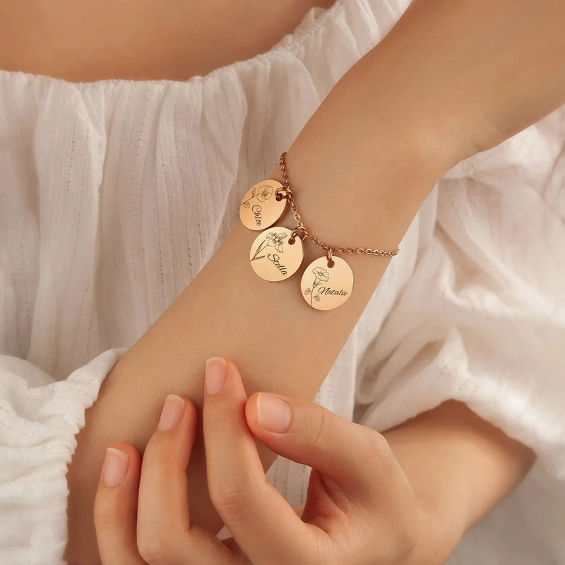 Mom Gift - Custom Flower and Name Bracelet - Personalized Charm Bracelet Chain - Family Bracelet Mom Gift Personalized Mothers Day Jewelry