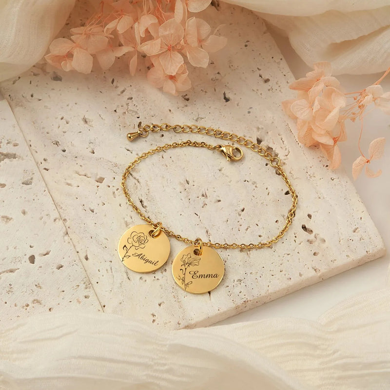 Mom Gift - Custom Flower and Name Bracelet - Personalized Charm Bracelet Chain - Family Bracelet Mom Gift Personalized Mothers Day Jewelry