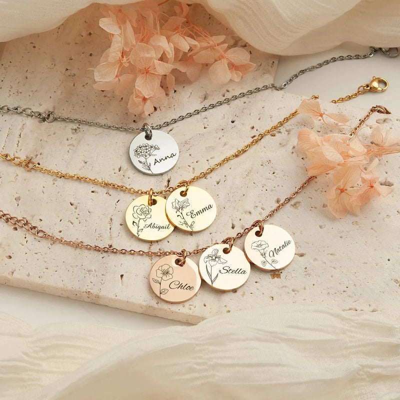 Mom Gift - Custom Flower and Name Bracelet - Personalized Charm Bracelet Chain - Family Bracelet Mom Gift Personalized Mothers Day Jewelry