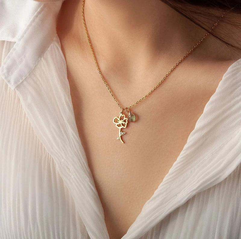 Flower Necklace with Birthstone - Birth Flower Pendant Necklace - Charm Necklace - Personalized Mothers Day Gifts for Mom, Grandma