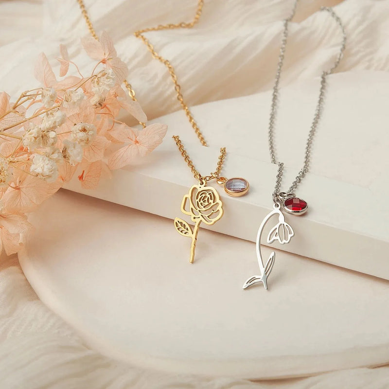 Flower Necklace with Birthstone - Birth Flower Pendant Necklace - Charm Necklace - Personalized Mothers Day Gifts for Mom, Grandma