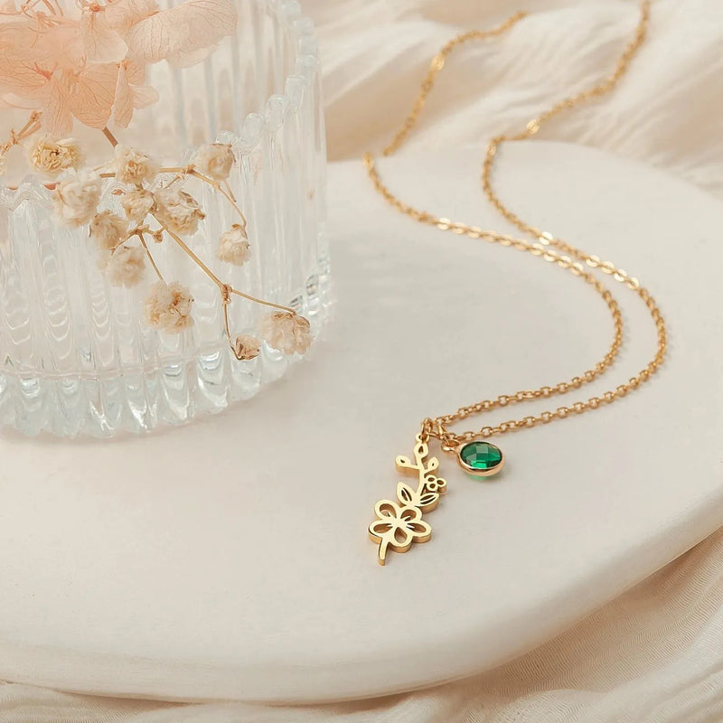 Flower Necklace with Birthstone - Birth Flower Pendant Necklace - Charm Necklace - Personalized Mothers Day Gifts for Mom, Grandma