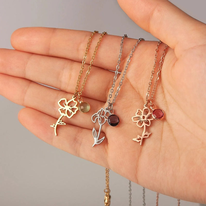 Flower Necklace with Birthstone - Birth Flower Pendant Necklace - Charm Necklace - Personalized Mothers Day Gifts for Mom, Grandma