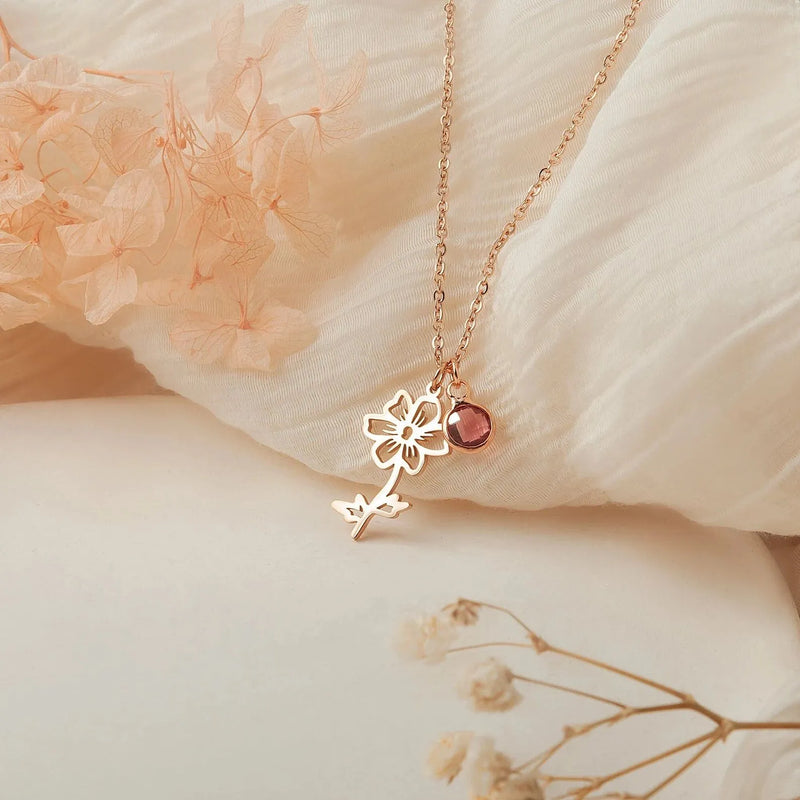 Flower Necklace with Birthstone - Birth Flower Pendant Necklace - Charm Necklace - Personalized Mothers Day Gifts for Mom, Grandma