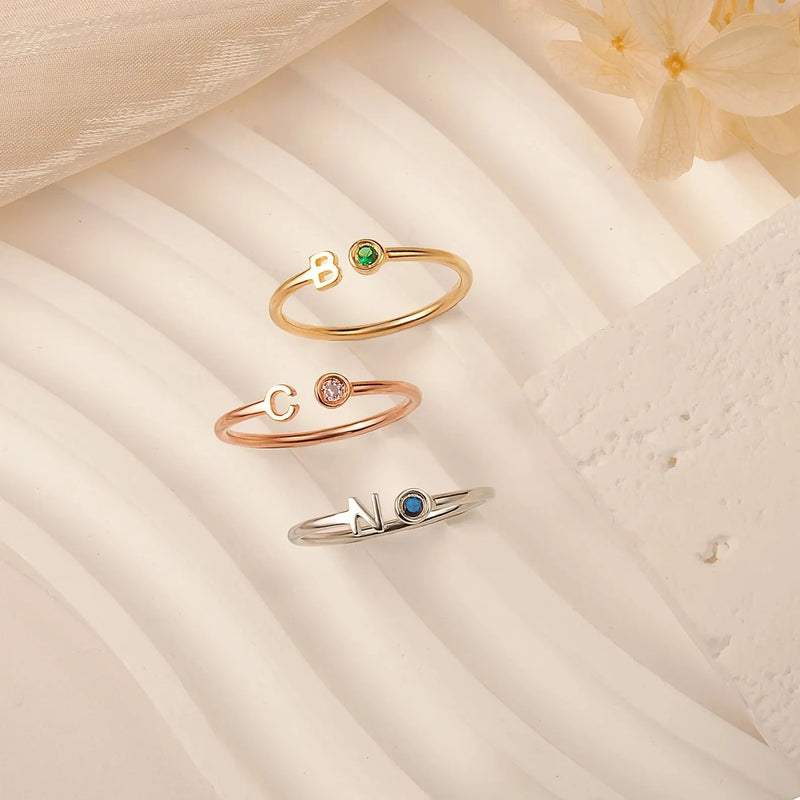 Initial Birthstone Ring - Custom Ring - Letter Ring - Initial Ring - Personalized Initial Ring in Sterling Silver - Birthday Gift for Her