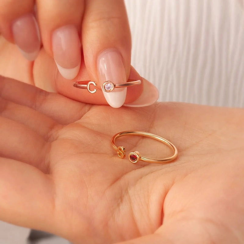 Initial Birthstone Ring - Custom Ring - Letter Ring - Initial Ring - Personalized Initial Ring in Sterling Silver - Birthday Gift for Her