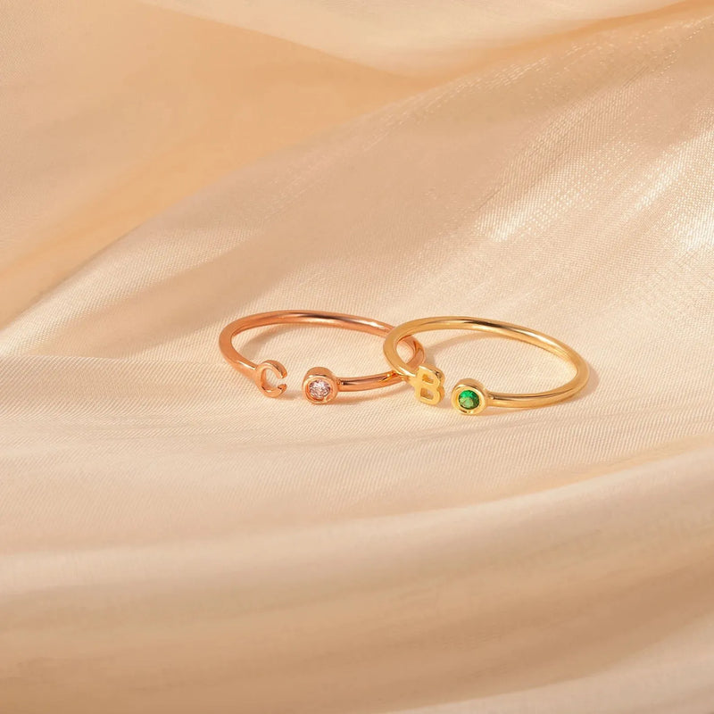 Initial Birthstone Ring - Custom Ring - Letter Ring - Initial Ring - Personalized Initial Ring in Sterling Silver - Birthday Gift for Her