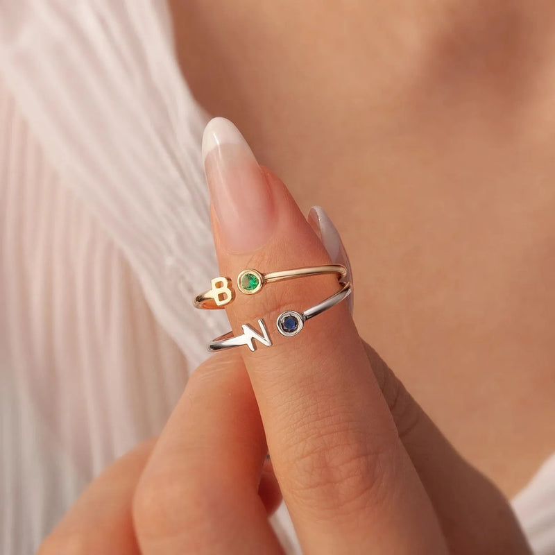 Initial Birthstone Ring - Custom Ring - Letter Ring - Initial Ring - Personalized Initial Ring in Sterling Silver - Birthday Gift for Her