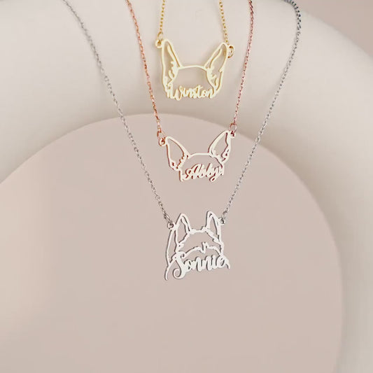 Personalized Pet Ears Necklace - Custom Pet Jewelry - 925 Sterling Silver Dog Name Necklace - Gift for Her - Best Friend Gift