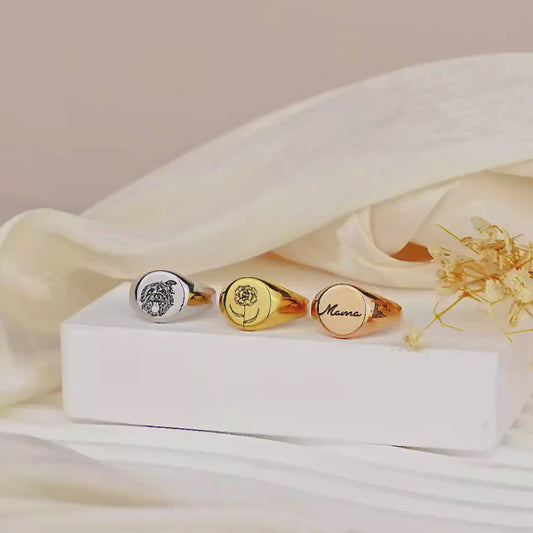 Mothers Day Gift for Wife - Birth Flower Ring - Signet Ring - Gold Signet Ring - Floral Ring Personalized Ring - Mom Ring Handmade Gift