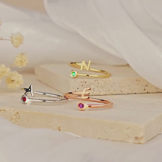 Ring for Women - Personalized Initial Birthstone Ring - Tiny Letter Ring - Dainty Initial Ring in Rose Gold, Gold, Sterling Silver